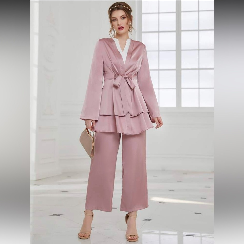 Dusty Pink 2 Piece Set Satin Tie Waist Blazer & Pants formal guest Party Outfit